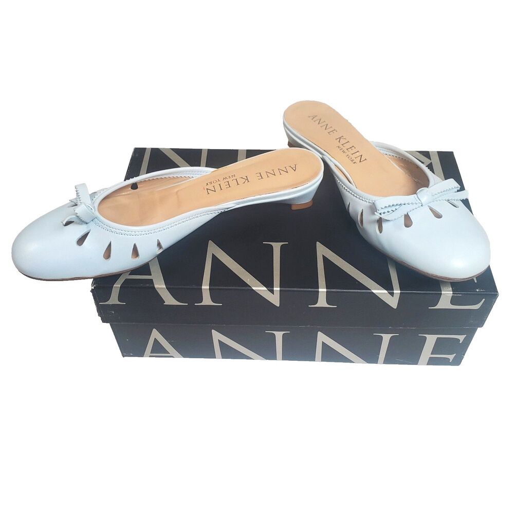 Vintage Anne Klein Women’s Heels 7.5M Blue Jory Nappa Mule Kitten Heel Bow - Picture 2 of 13
